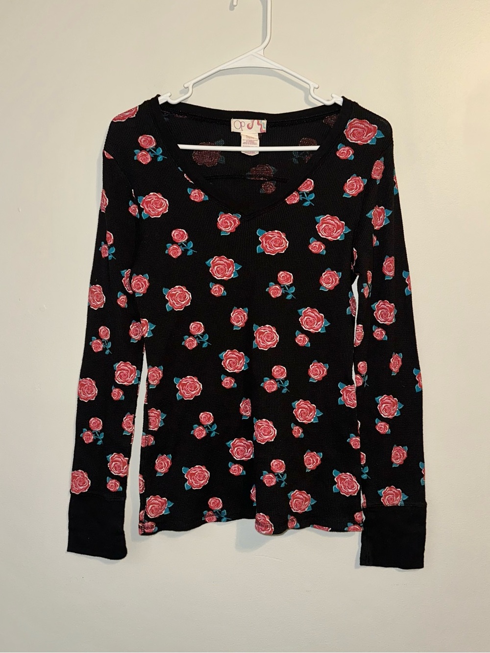 Ocean Pacific Black Rose-Print Long Sleeve Thermal Top